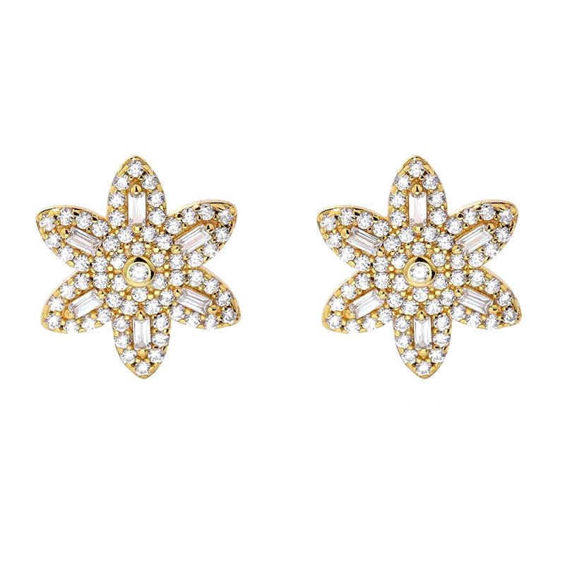 Solid 925 Sterling Silver 14K Gold Stub Earrings for Women Flower Shaped White AAAAA CZ Romantic Wedding Jewelry