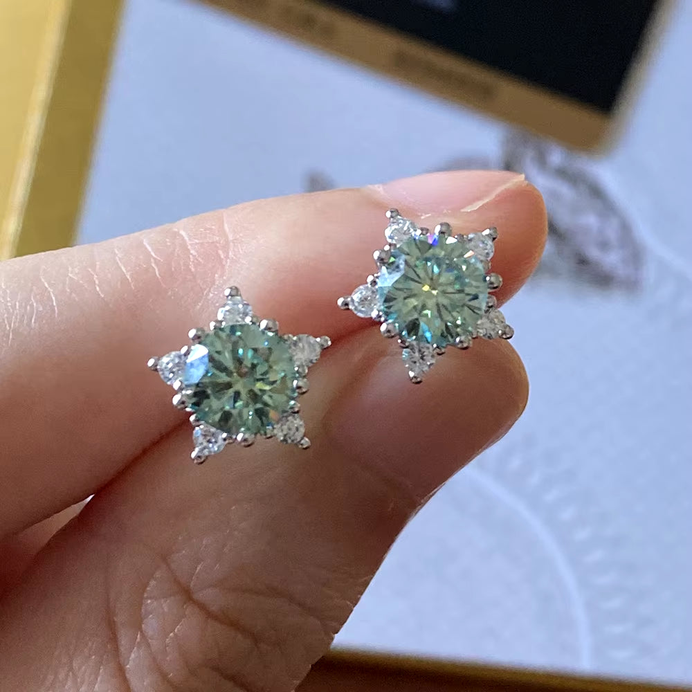 Real 2 Carat Blue Green Moissanite Stud Earrings for Women Top Quality 100% 925 Sterling Silver Sparkling Wedding Gift