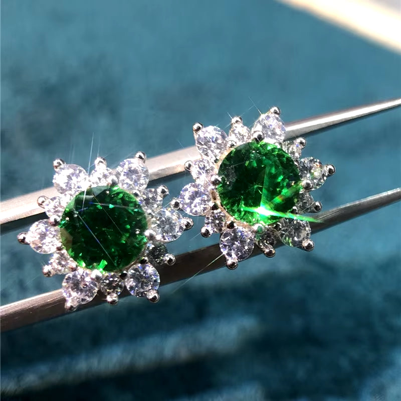 Silver Snowflake Cut Emerald Diamond Stud Earrings Women Wedding Clear VVS1 Diamond Test Passed Green Moissanite Earrings Gift