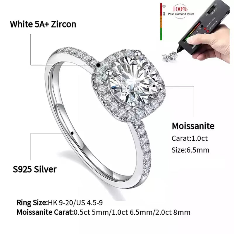 Real Moissanite 925 Sterling Silver Ring for Women Square round 1CT 2CT 3CT Brilliant Diamond Finger Band Wedding Jewelry Gift