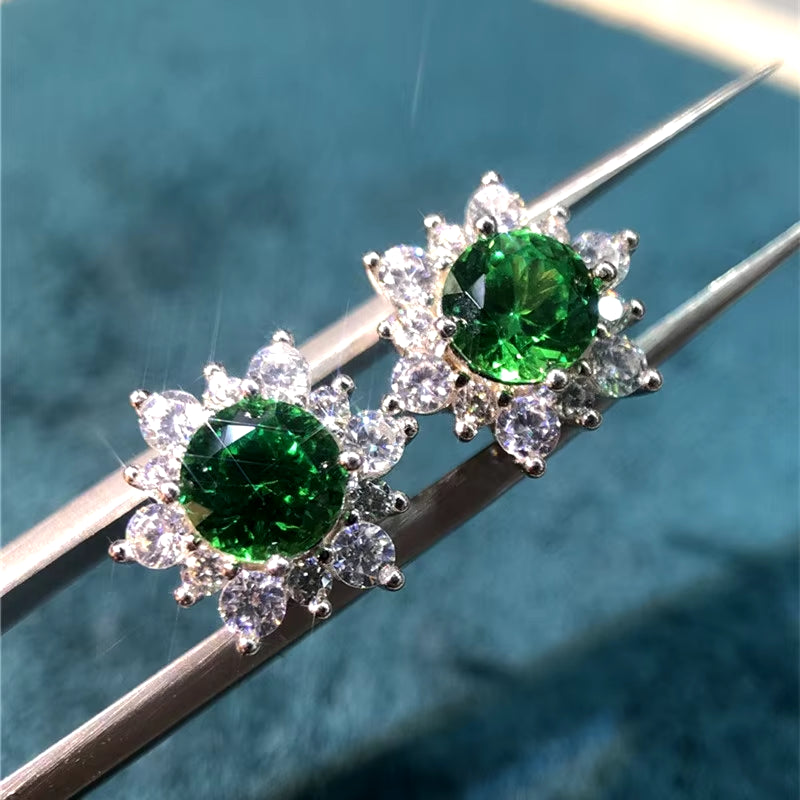 Silver Snowflake Cut Emerald Diamond Stud Earrings Women Wedding Clear VVS1 Diamond Test Passed Green Moissanite Earrings Gift