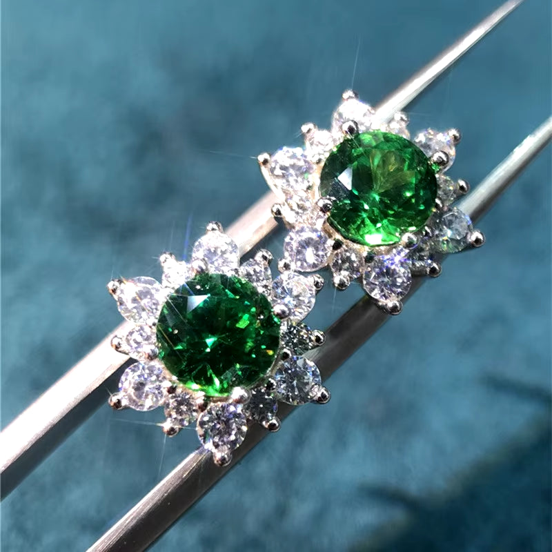 Silver Snowflake Cut Emerald Diamond Stud Earrings Women Wedding Clear VVS1 Diamond Test Passed Green Moissanite Earrings Gift