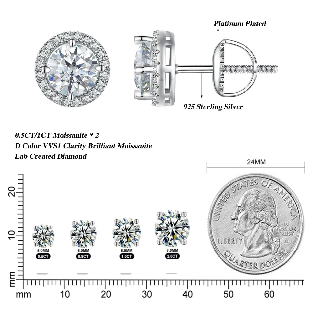 Moissanite Halo Earrings in 925 Sterling Silver, 0.5/1CT Round Cut, 4-Prong Design, Ideal for Engagement Gifts and Fine Jewelry for Women