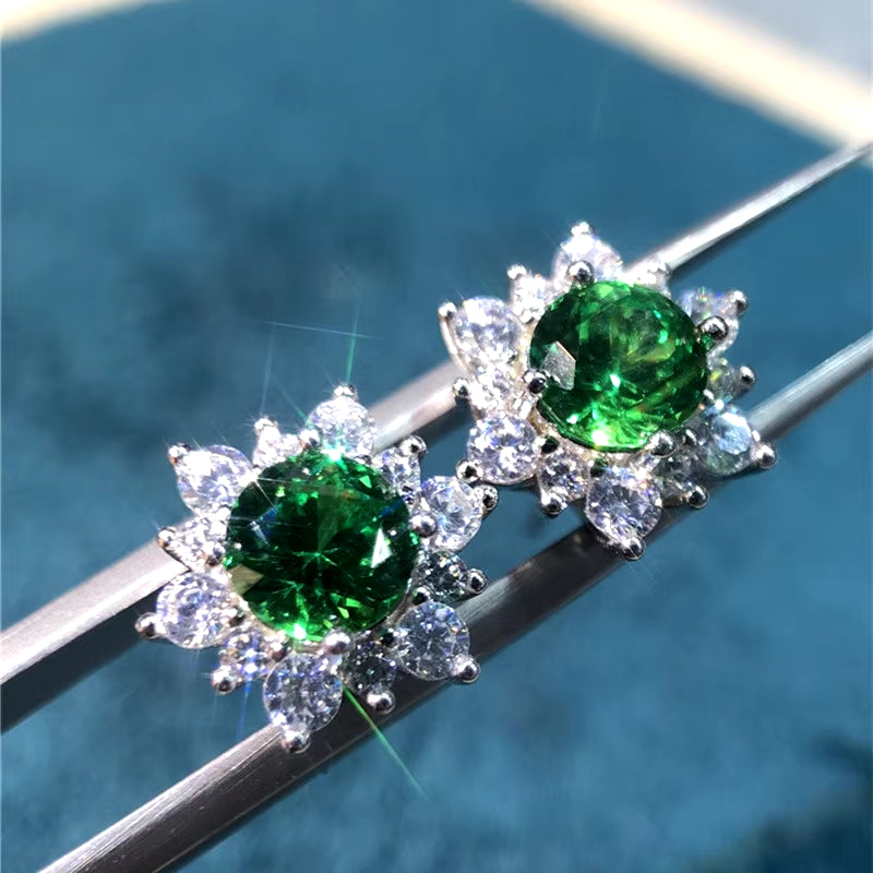 Silver Snowflake Cut Emerald Diamond Stud Earrings Women Wedding Clear VVS1 Diamond Test Passed Green Moissanite Earrings Gift