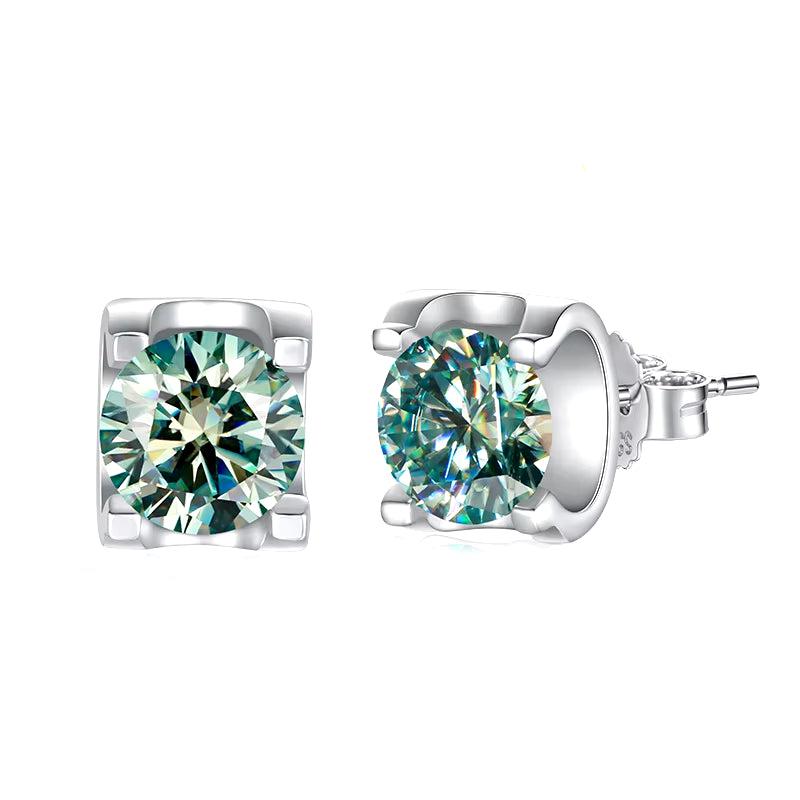 Real 2 Carat Blue Green Moissanite Stud Earrings for Women Top Quality 100% 925 Sterling Silver Sparkling Wedding Gift