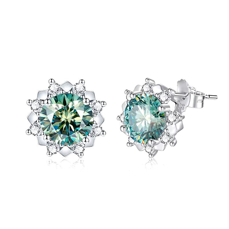 Real 2 Carat Blue Green Moissanite Stud Earrings for Women Top Quality 100% 925 Sterling Silver Sparkling Wedding Gift