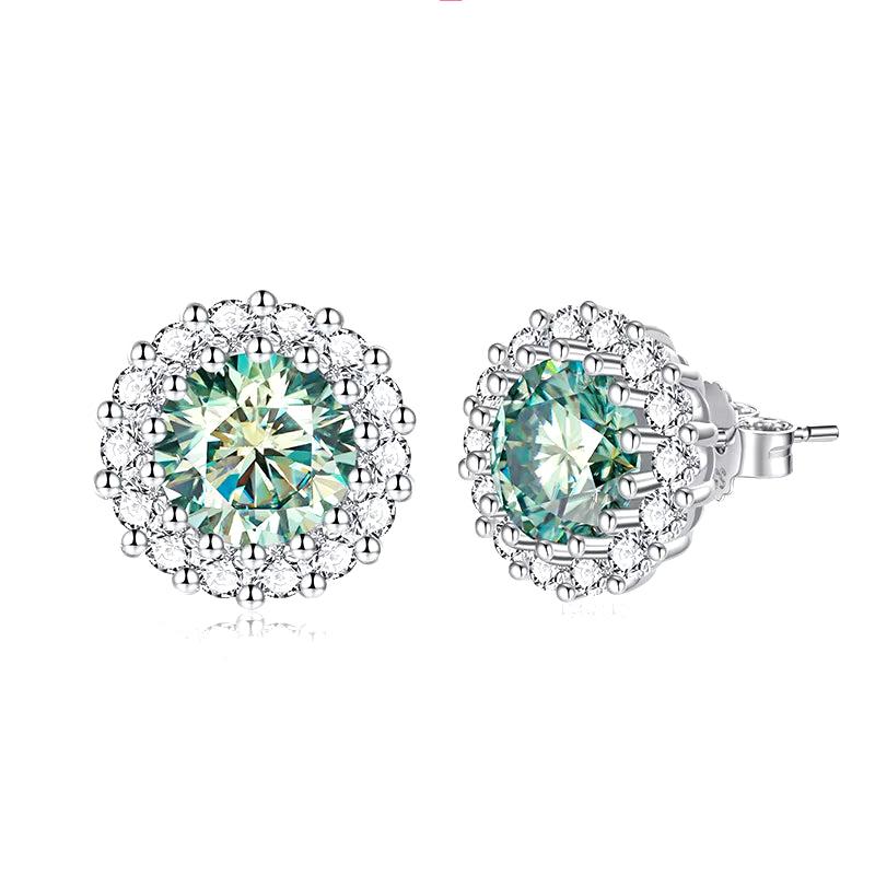 Real 2 Carat Blue Green Moissanite Stud Earrings for Women Top Quality 100% 925 Sterling Silver Sparkling Wedding Gift